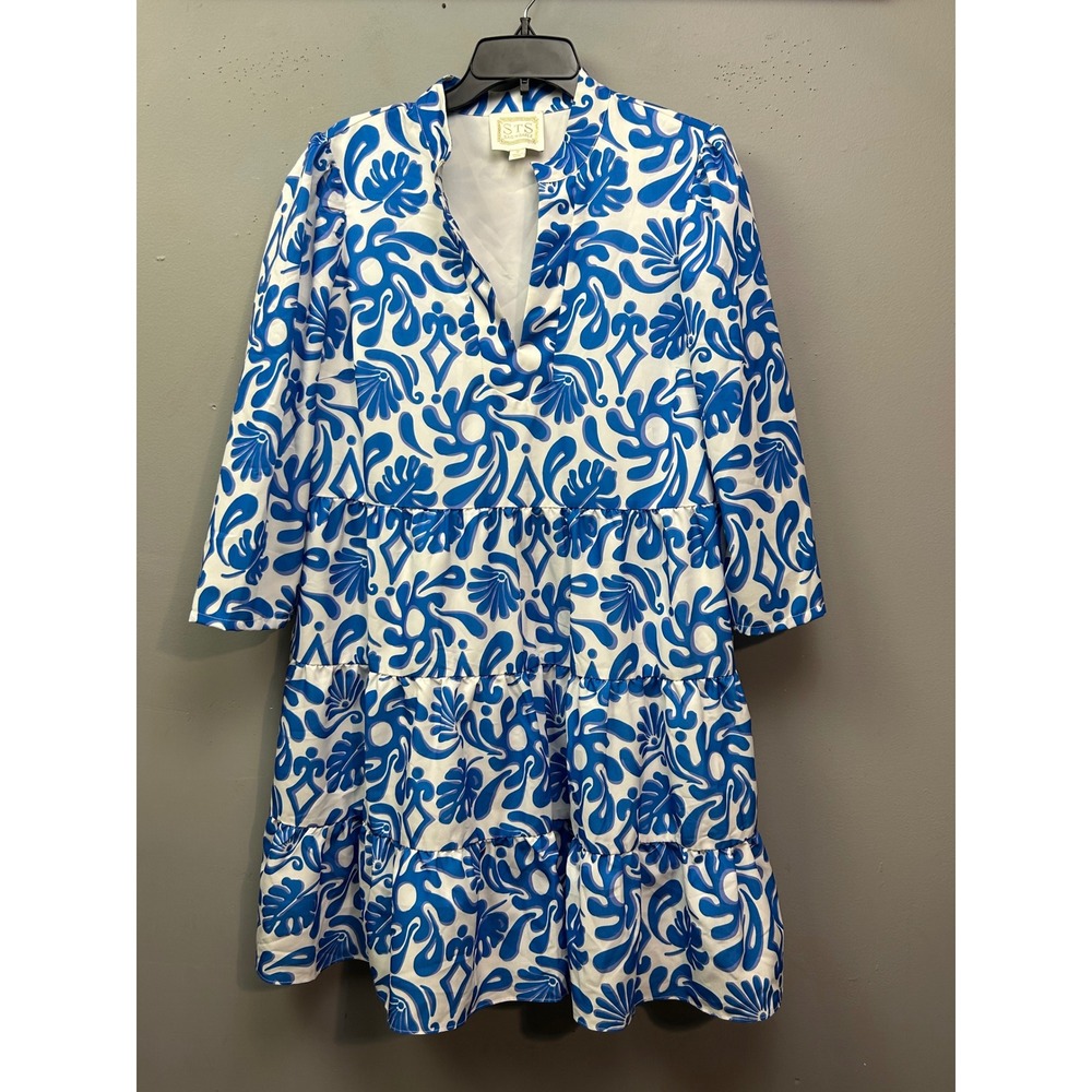 Sail to Sable Dress Womens XL Blue White Abstract Scroll Tiered Mini 3/4 Sleeve